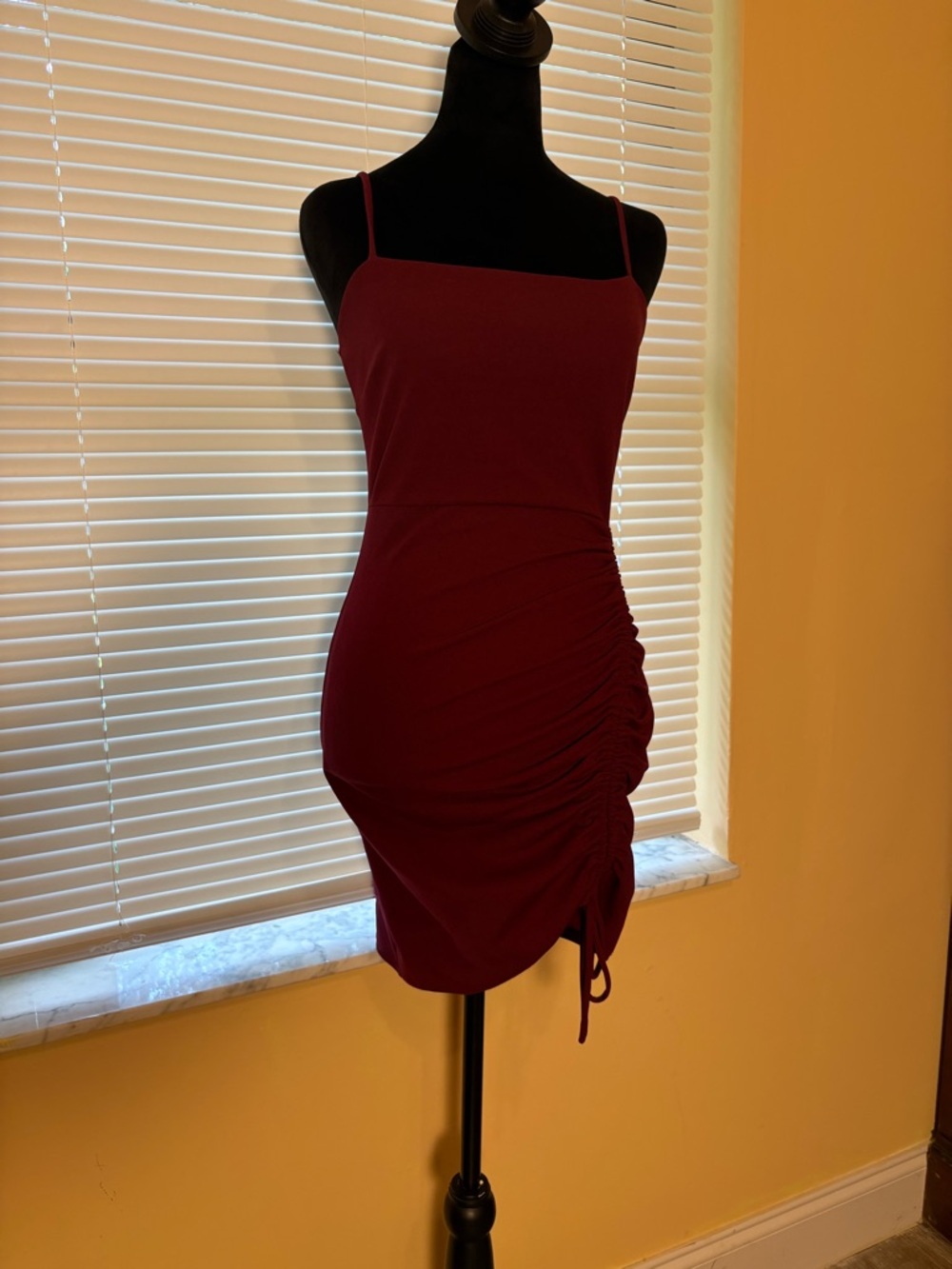 Windsor Burgundy Spaghetti Strap Ruched Mini Dress